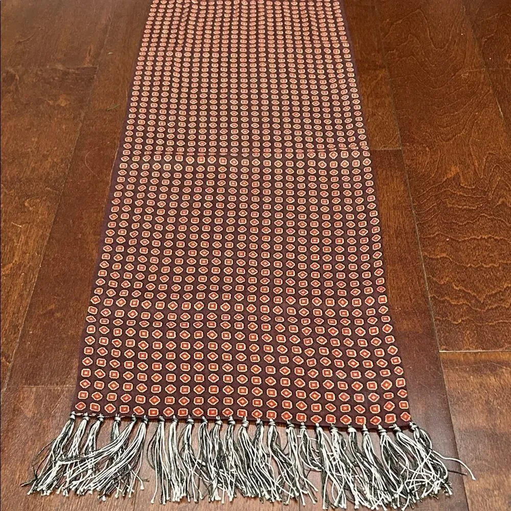 Geometric Patterned Scarf with Fringe, Shades of Brown, Brick, Red and Beige